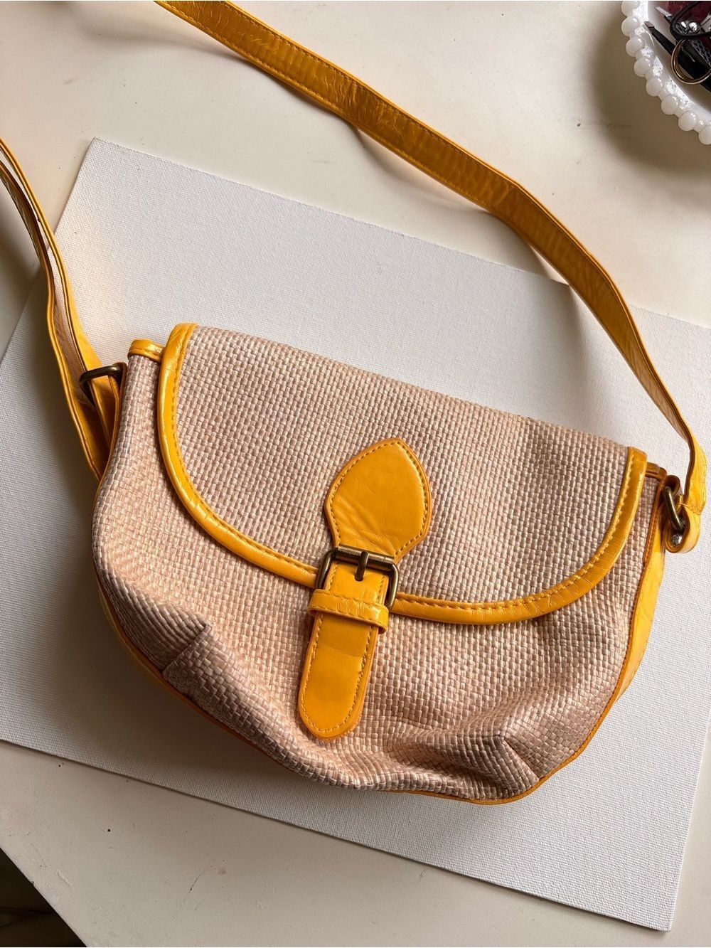 Xhilaration Beige Woven Crossbody with Yellow Trim